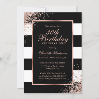 Elegant Black Rose Gold Confetti 30. Geburtstag Einladung