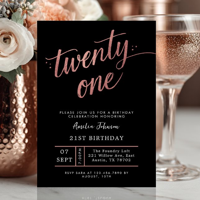 Elegant Black & Rose Gold Script 21st Birthday Einladung (rose gold twenty one birthday invite)