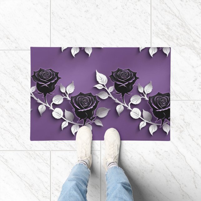 Elegant Black Roses With Silver Leaves Fußmatte (Indoor)