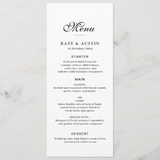 elegant black script white wedding menu card menükarte