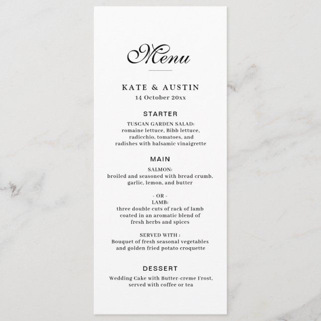 elegant black script white wedding menu card menükarte (Vorderseite)
