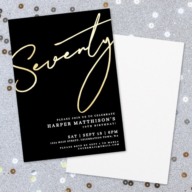 Elegant Black Seventy 70th Birthday Gold Folieneinladung (Elegant Black Seventy 70th Birthday Gold Foil Invitation)