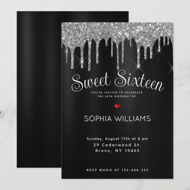 Elegant Black & Silver 16 . Geburtstag Custom Einladung (Vorne/Hinten)