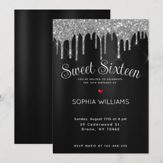 Elegant Black & Silver 16 . Geburtstag Custom Einladung