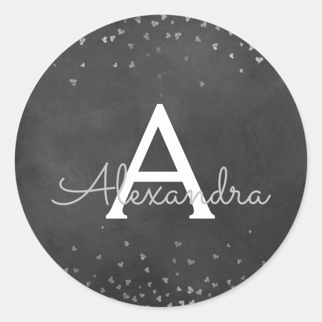 Elegant Black - Silver Foil Confetti Monogram Runder Aufkleber (Vorderseite)