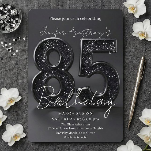 Elegant Black Silver Glitter 85th Birthday Party Einladung (Von Creator hochgeladen)