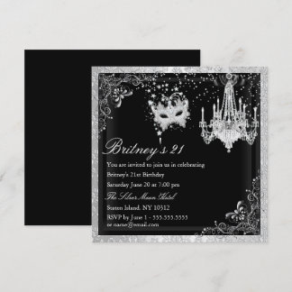 Elegant Black Silver Masquerade 21. Einladung