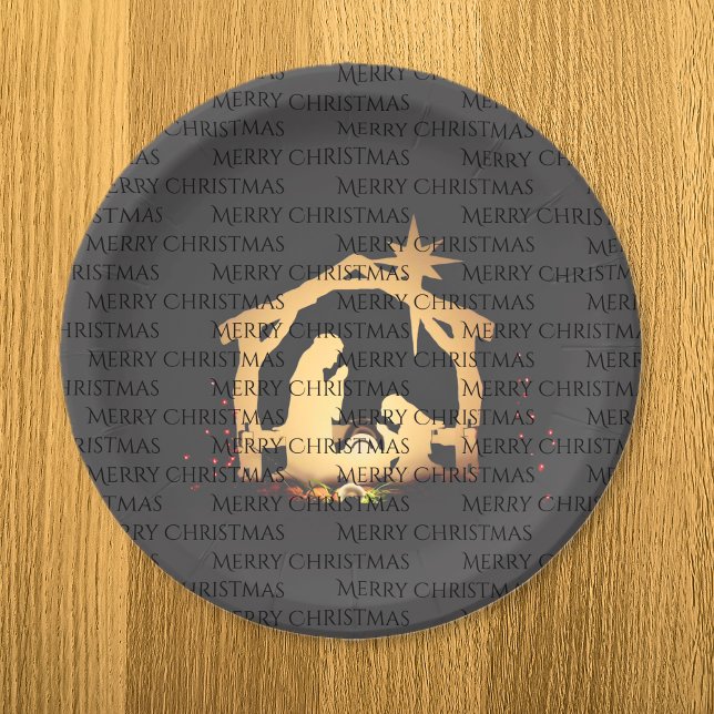 Elegant Black Silver Nativity Frohe Weihnachten Pappteller (Elegant Black Gold Nativity Merry Christmas Paper Plates)