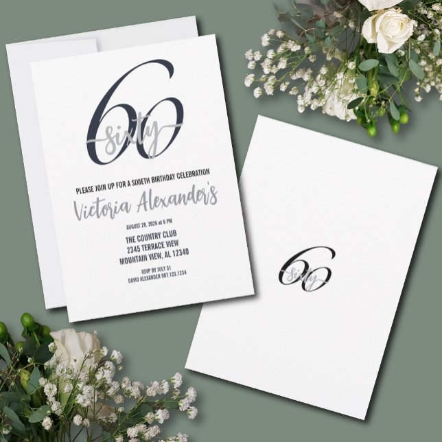Elegant Black Silver Script 60th Birthday  Einladung (Elegant Black Silver 60th Birthday Invitation)