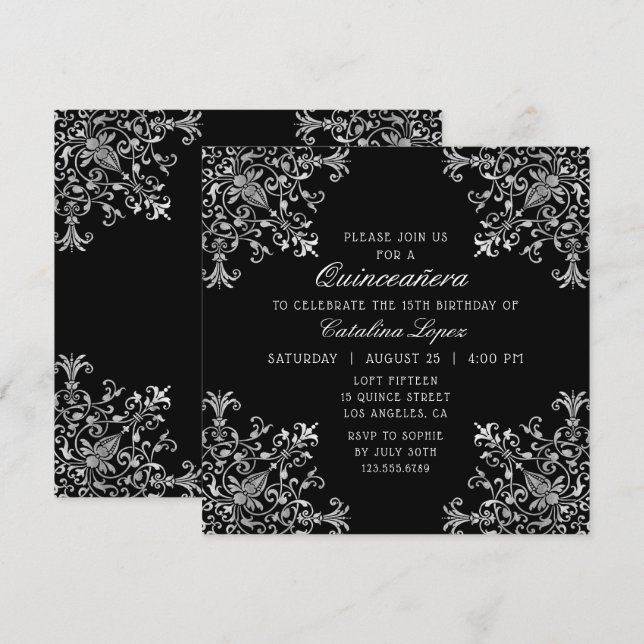 Elegant Black Silver Verziert Floral Quinceañera Einladung (Vorne/Hinten)