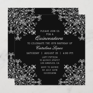 Elegant Black Silver Verziert Floral Quinceañera Einladung
