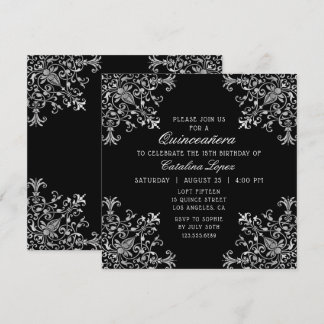 Elegant Black Silver Verziert Floral Quinceañera Einladung