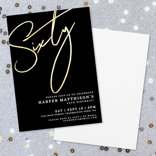 Elegant Black Sixty 60th Birthday Gold Folieneinladung (Elegant Black Sixty 60th Birthday Gold Foil Invitation)