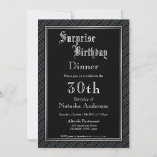 Elegant Black Surprise 30. Geburtstag Abendessen Einladung