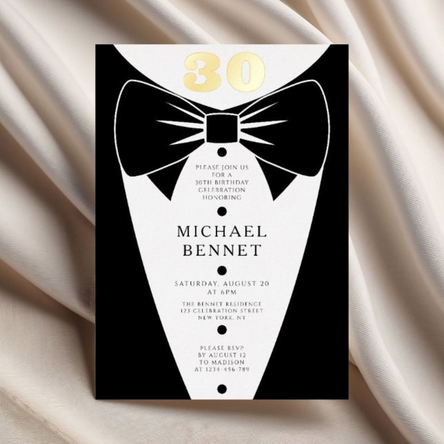 Elegant Black Tuxedo 30th Birthday Gold Foil Folieneinladung (Elegant Black Tuxedo 30th Birthday Gold Foil Foil Invitation)