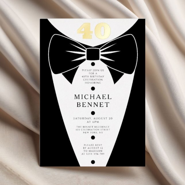 Elegant Black Tuxedo 40th Birthday Gold Folieneinladung (Elegant Black Tuxedo 40th Birthday Gold Foil Invitation
)