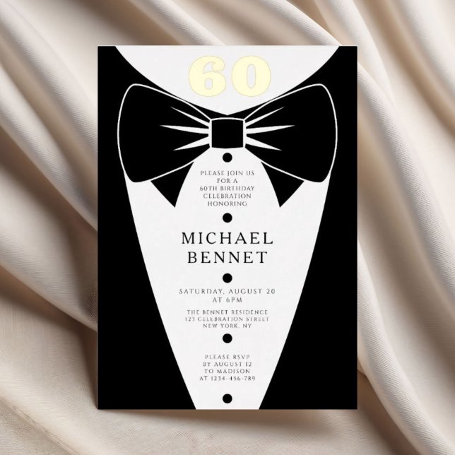 Elegant Black Tuxedo 60th Birthday Gold Folieneinladung (Elegant Black Tuxedo 60th Birthday Gold Foil Invitation)