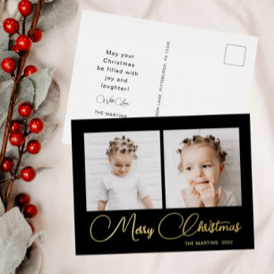 Elegant Black Two Foto Weihnachten Folien Feiertagspostkarte