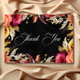 Elegant Black Vibrant Boho Bloral Script Wedding Dankeskarte