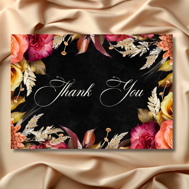 Elegant Black Vibrant Boho Bloral Script Wedding Dankeskarte (Elegant Black Vibrant Boho Floral Script Wedding Thank You Card)