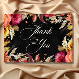 Elegant Black Vibrant Boho Bloral Script Wedding Dankeskarte