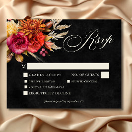 Elegant Black Vibrant Boho Bloral Script Wedding RSVP Karte