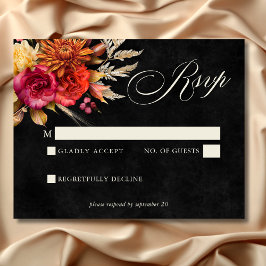 Elegant Black Vibrant Boho Bloral Script Wedding RSVP Karte