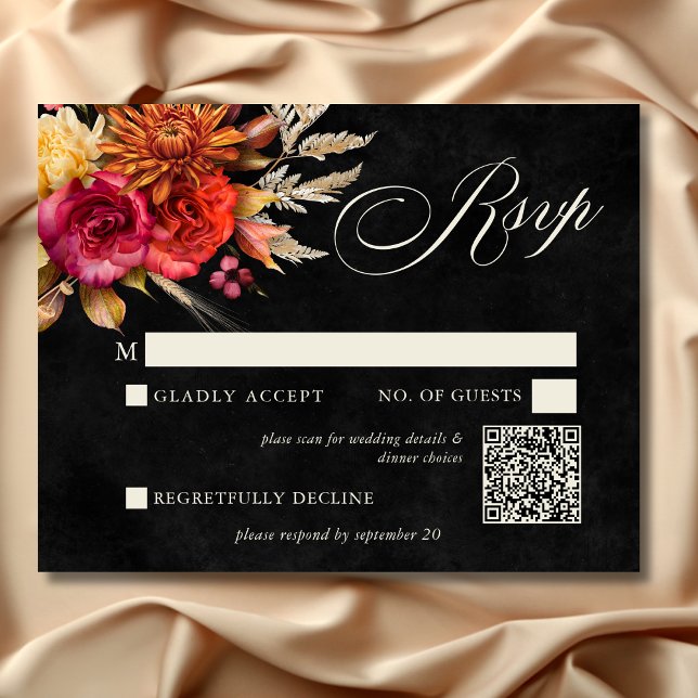 Elegant Black Vibrant Boho Bloral Script Wedding RSVP Karte (Elegant Black Vibrant Boho Floral Script Wedding RSVP Card)