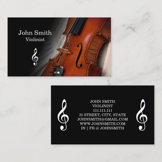 Elegant Black Violin Violinist Business Card Visitenkarte (Vorne/Hinten)