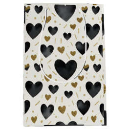 Elegant Black Watercolor & Gold Glitter Heart Patt Mittlere Geschenktüte