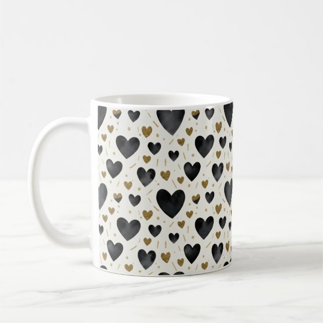 Elegant Black Watercolor & Gold Glitter Hearts Kaffeetasse (Links)
