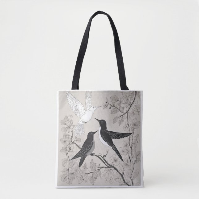 Elegant Black & White Birds Floral Art Tote Bag (Vorderseite)