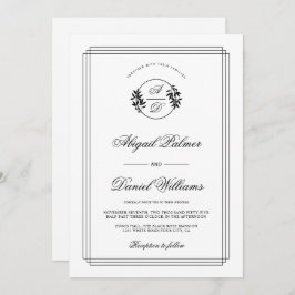 Elegant black, white branch and initials wedding i einladung
