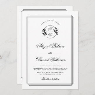 Elegant black, white branch and QR code wedding Einladung