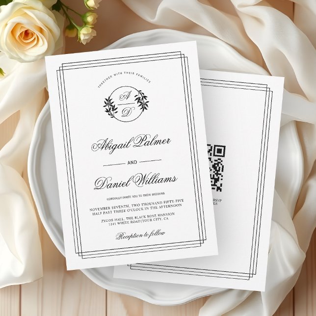 Elegant black, white branch and QR code wedding Einladung (Von Creator hochgeladen)