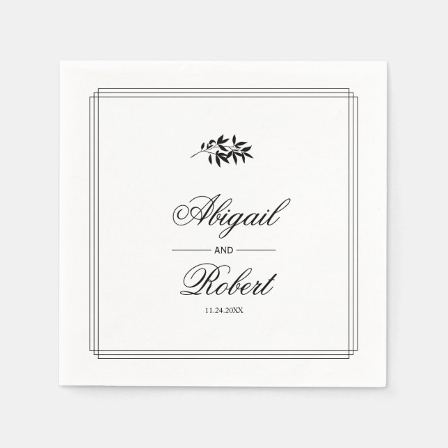 Elegant black, white branch triple border wedding serviette (Vorderseite)