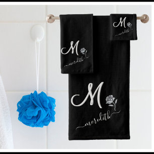 Elegant Black White Custom Monogram Name Flower  Badhandtuch Set