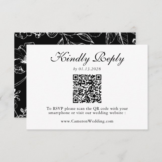 Elegant Black White Floral QR Code Wedding RSVP  (Vorne/Hinten)