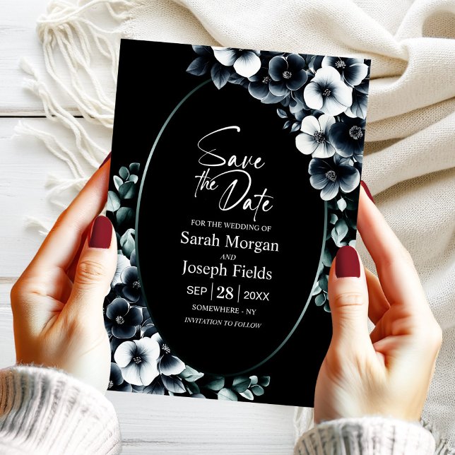 Elegant Black White Floral Save the Date Einladung (Von Creator hochgeladen)