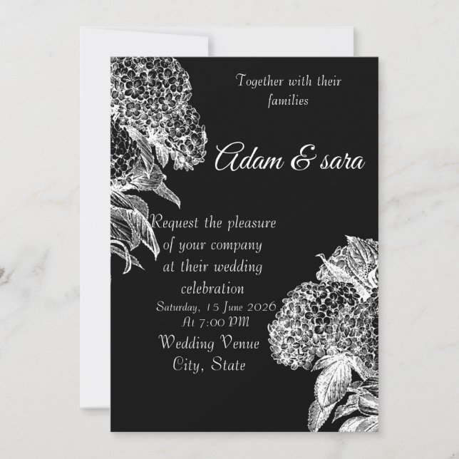 Elegant Black & White Floral Wedding Invitation Einladung (Vorderseite)