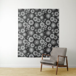Elegant Black White Geometric Flowers Starburst Wandteppich
