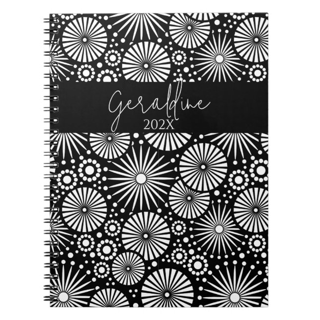 Elegant Black White Geometric Starburst Name  Notizblock (Vorderseite)