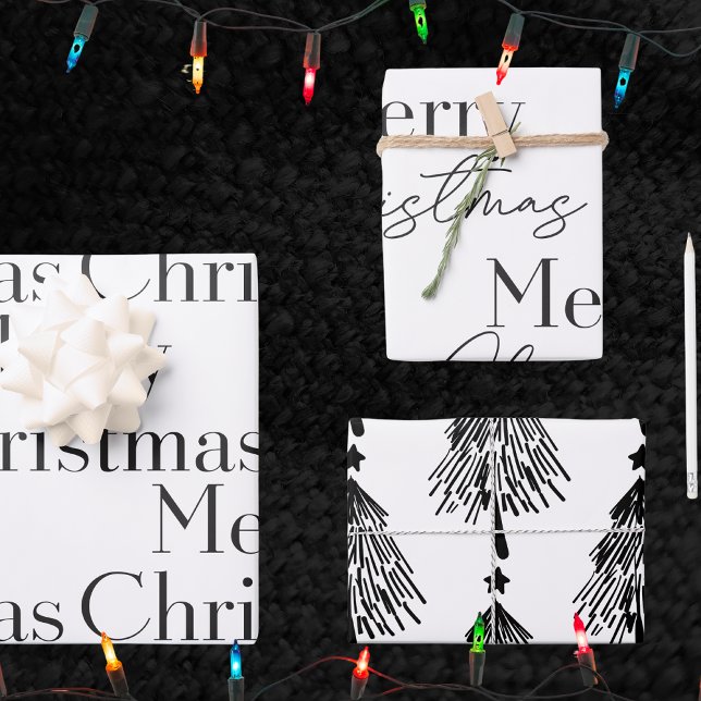 Elegant Black White Merry Christmas Tree Quote  Geschenkpapier Set (Von Creator hochgeladen)