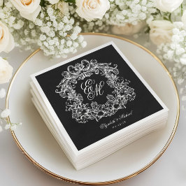 Elegant Black White Monogram Crest Script Wedding Serviette