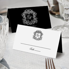Elegant Black White Monogram Crest Vintage Wedding Platzkarte