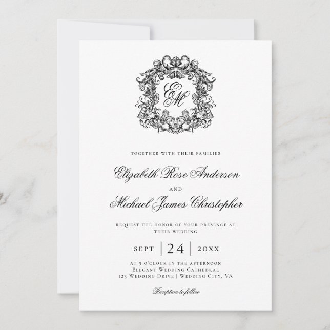 Elegant Black White Monogram Crest Wedding Einladung (Vorderseite)