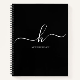Elegant Black White Monogram Initial Script Name  Notizbuch