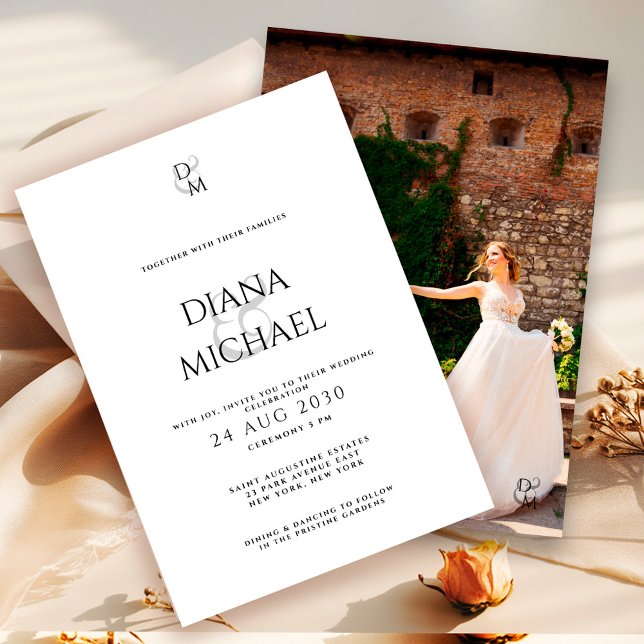 Elegant Black&White Monogram Wedding Photo  Einladung (Von Creator hochgeladen)