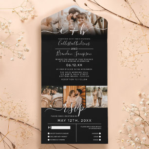 Elegant Black White Photo Monogram Wedding RSVP All In One Einladung