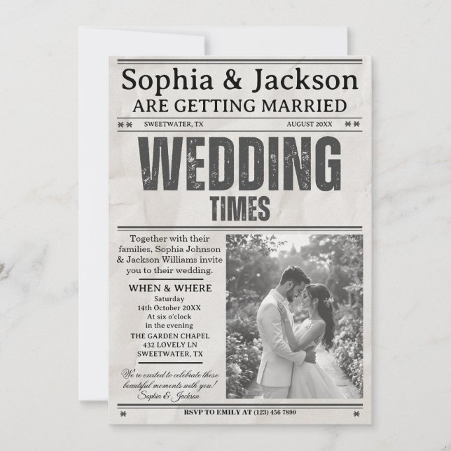 Elegant Black & White Photos Wedding Newspaper     Einladung (Vorderseite)